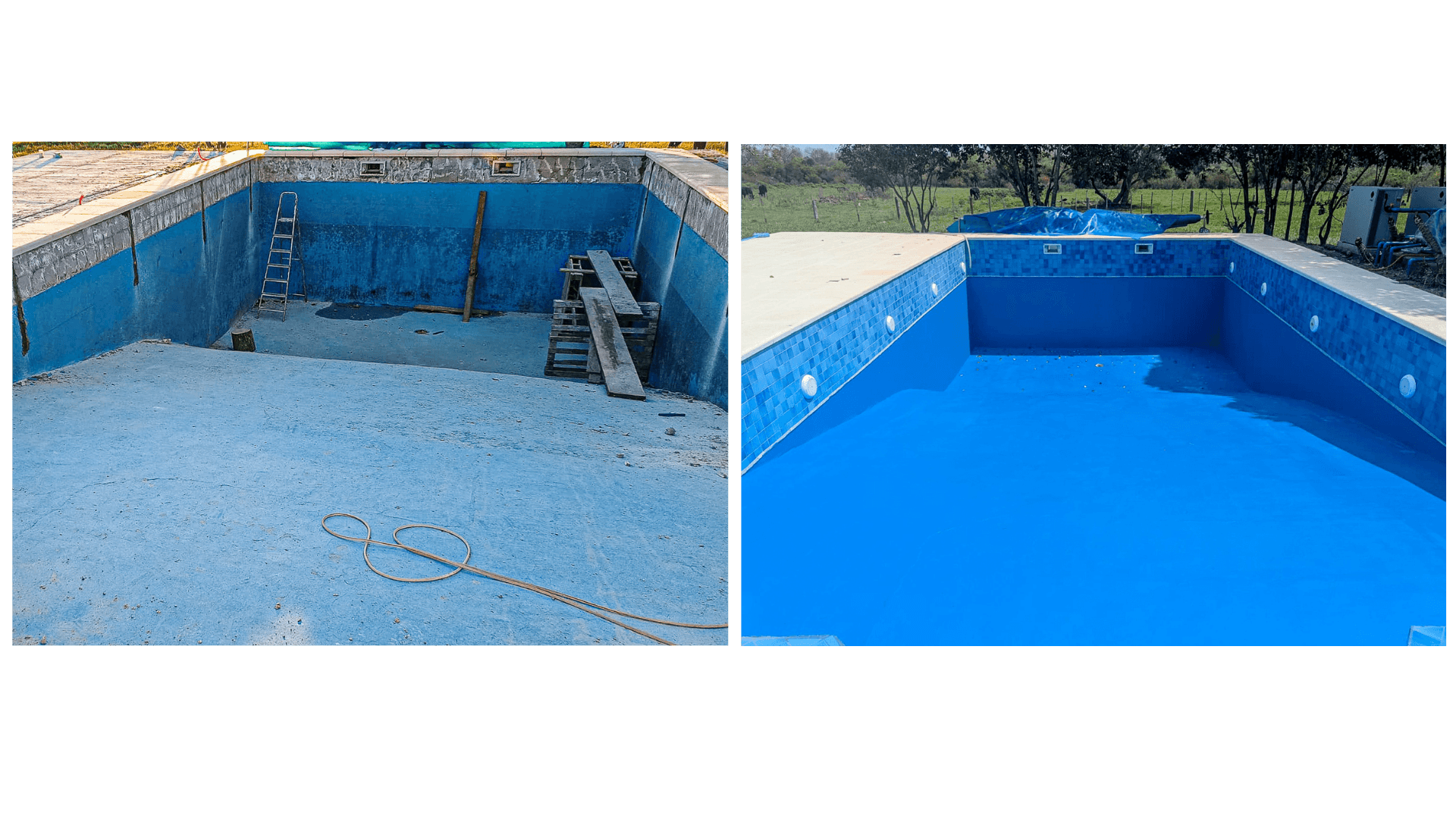 Comparación antes y después: vaso de piscina deteriorado y luego terminado con venecitas azules