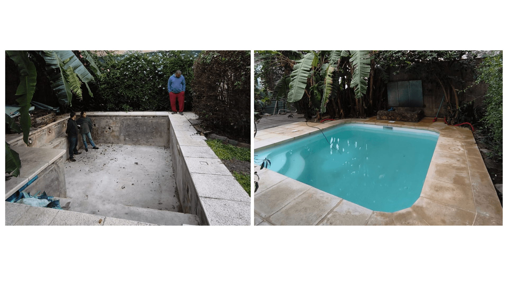 Comparación antes y después de la recuperación de una piscina abandonada